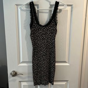 stretchy ribbed floral mini dress with lace trim